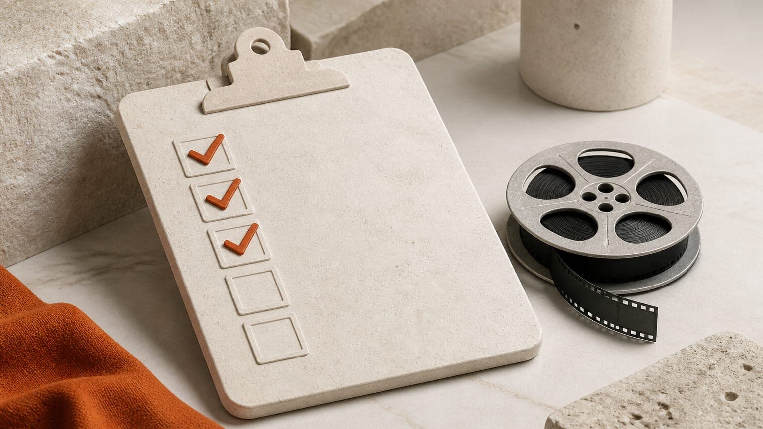 A pale stone clipboard with a column of checkbox tiles, three marked in orange, beside a small film reel