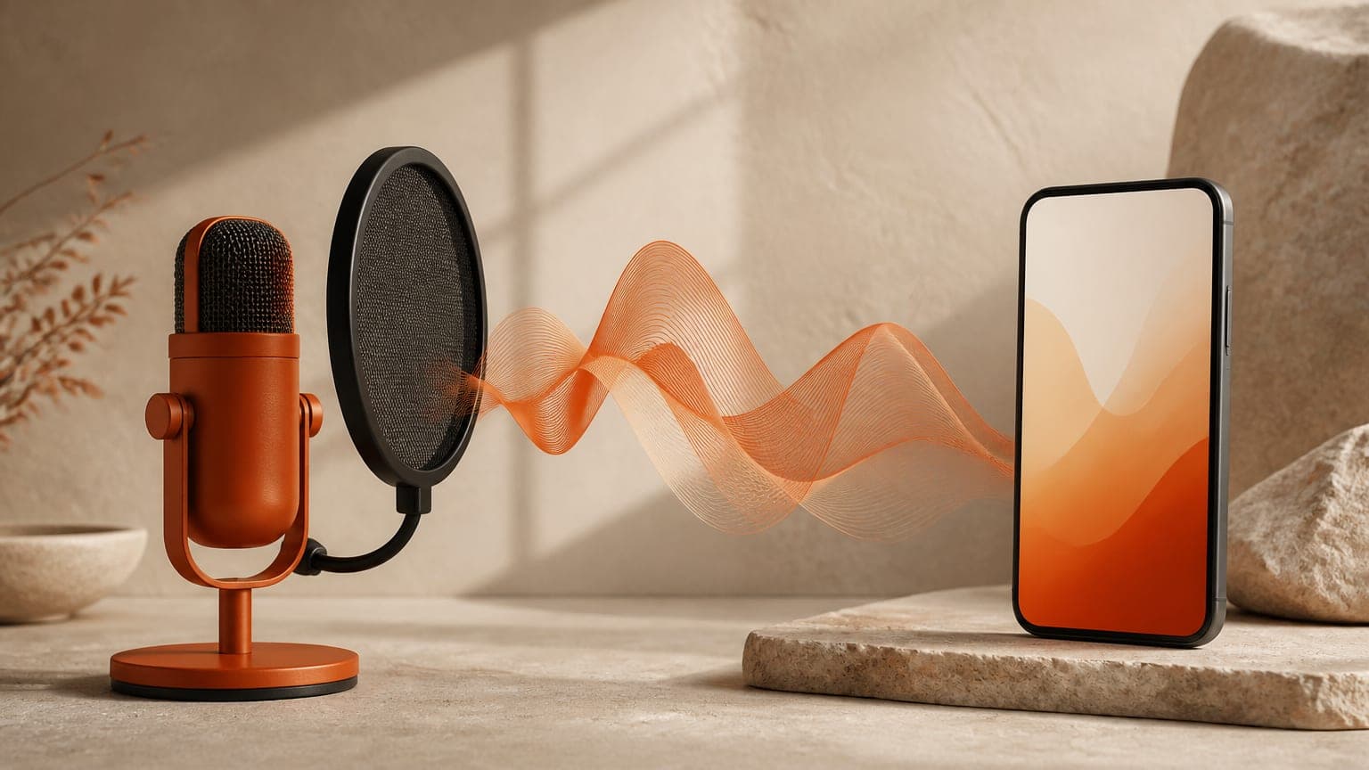 A burnt-orange studio microphone with a smooth sound ribbon flowing from it into a vertical phone