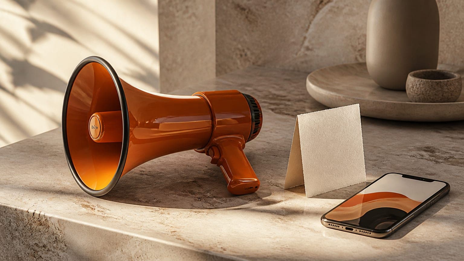 A burnt-orange megaphone lying on its side next to a small folded paper note on a stone table