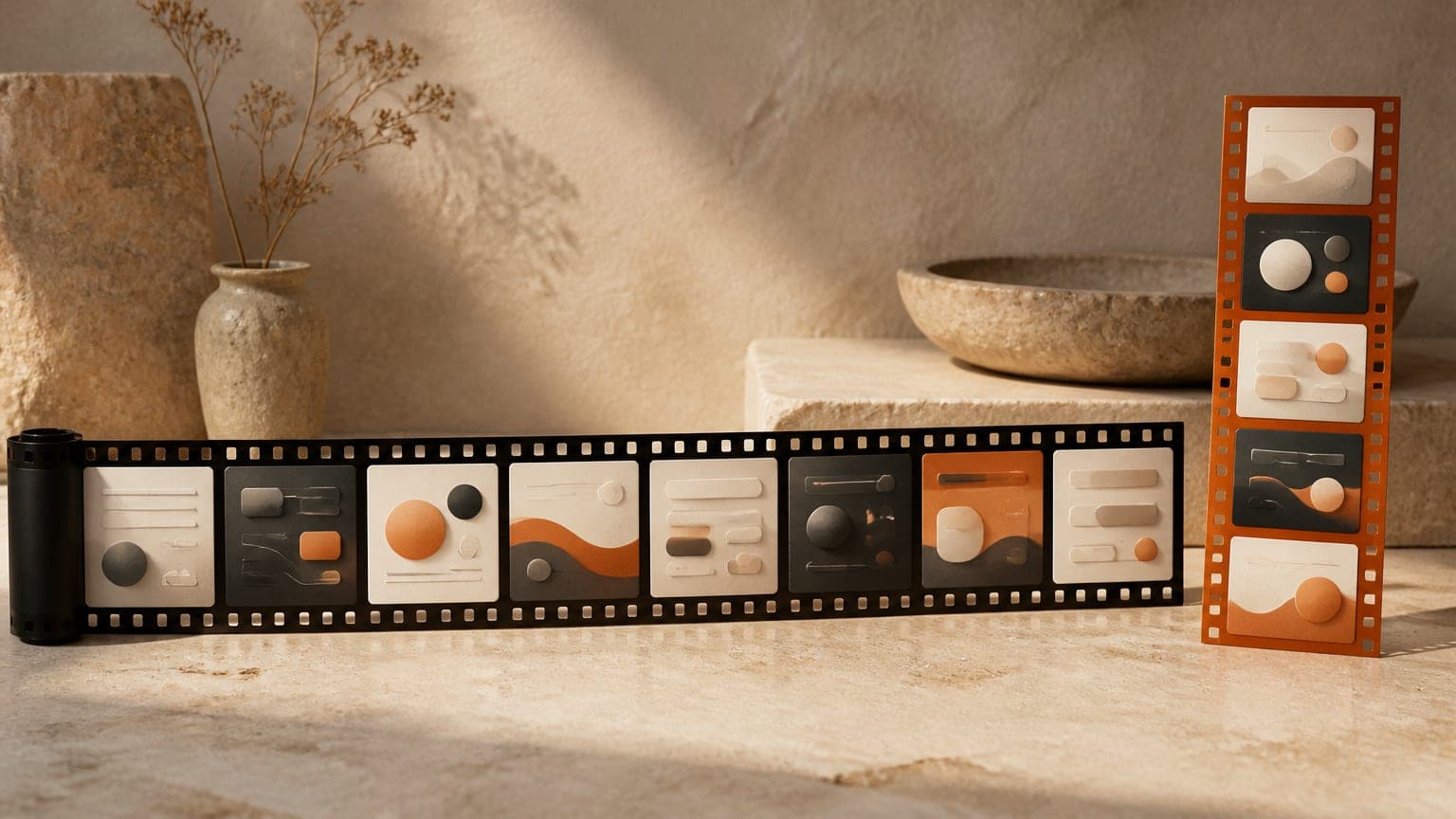 A long film strip unrolled across a stone table beside a short vertical strip of five frames edged in orange