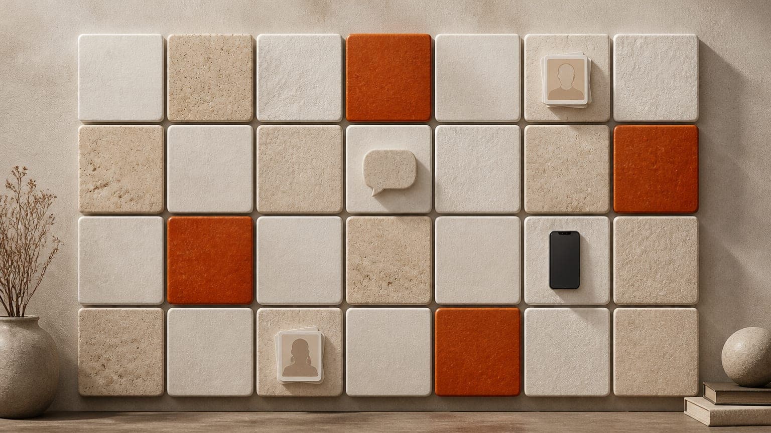 A wall grid of 28 stone tiles, some holding a tiny phone, a card stack or a speech bubble, a few tiles burnt orange