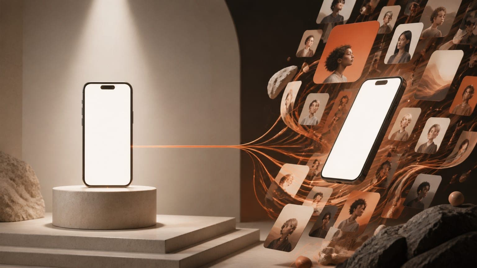 A phone on a spotlit stone plinth beside a matching phone carried along a stream of abstract feed cards