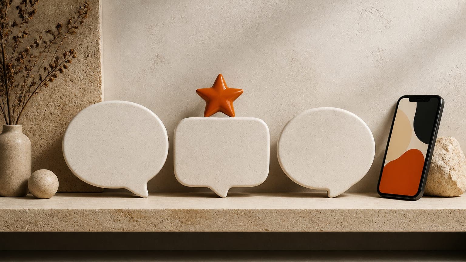 Three blank stone speech bubbles on a shelf with one small burnt-orange star resting on the middle one