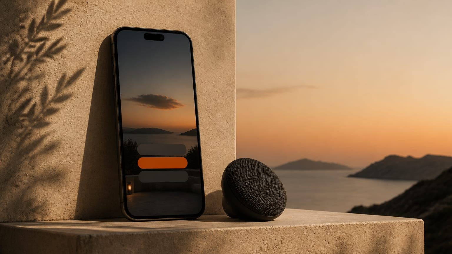 A vertical phone showing a dusk scene with three rounded subtitle blocks in the middle, one glowing orange