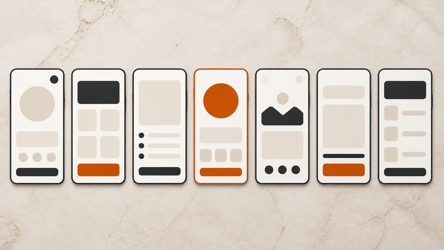 Seven abstract device screens in a row with different simple layouts, one outlined in orange