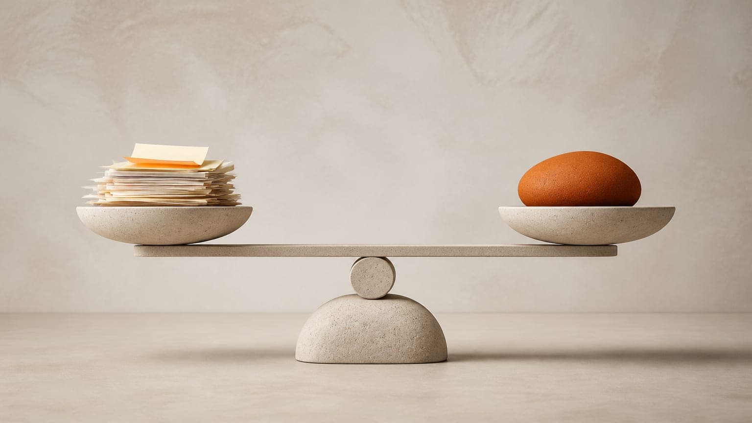 A stone balance scale holding a stack of paper notes on one pan and a smooth orange pebble on the other, perfectly level