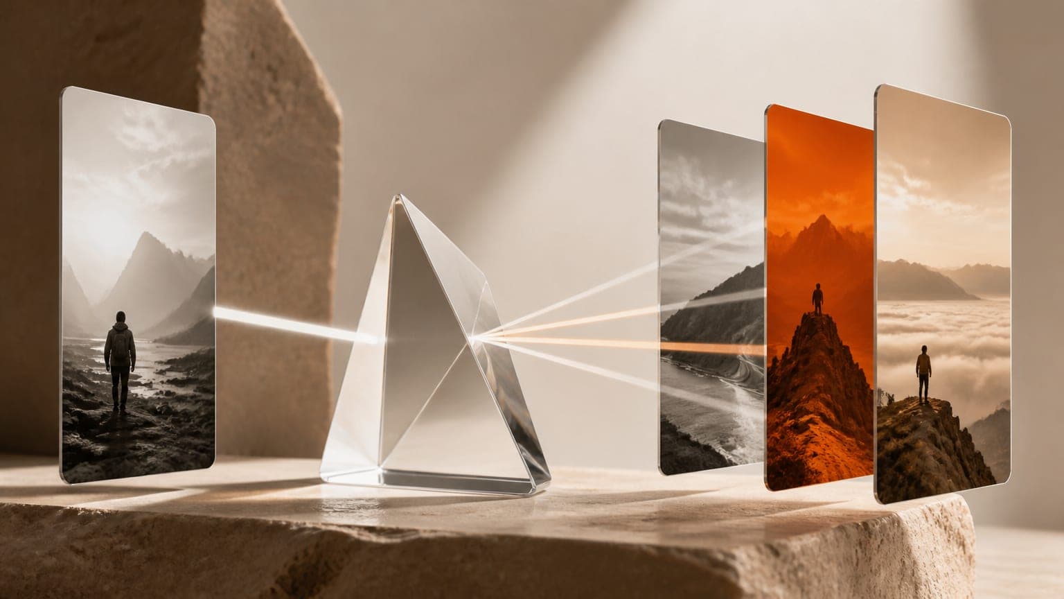 A glass prism splitting one vertical video tile into three slightly different vertical tiles