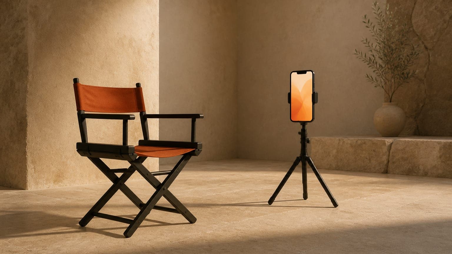 An empty director's chair facing a phone on a small tripod with a softly glowing abstract screen