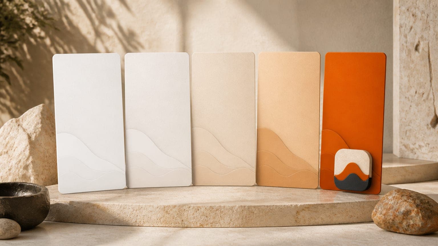 Five tall cards in an arc, warming in color from left to right, the last one holding an app icon