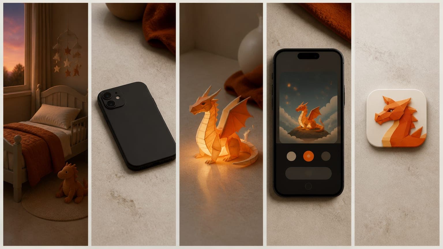 A storyboard strip of five vertical frames, ending with a phone screenshot and an app icon