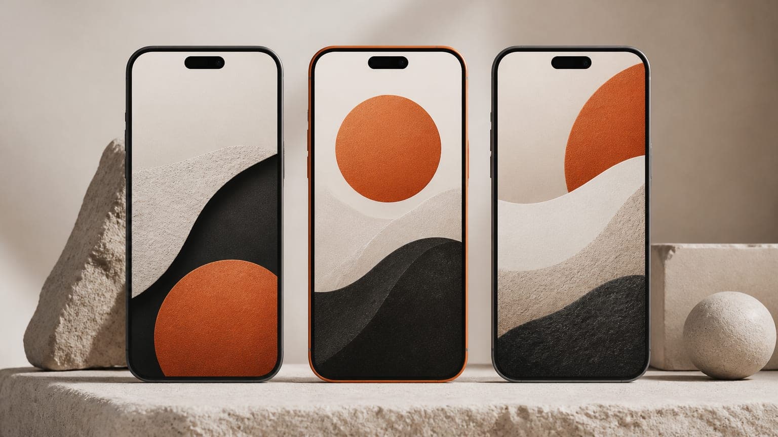Three phones side by side with different carousel covers, the middle one ringed in orange