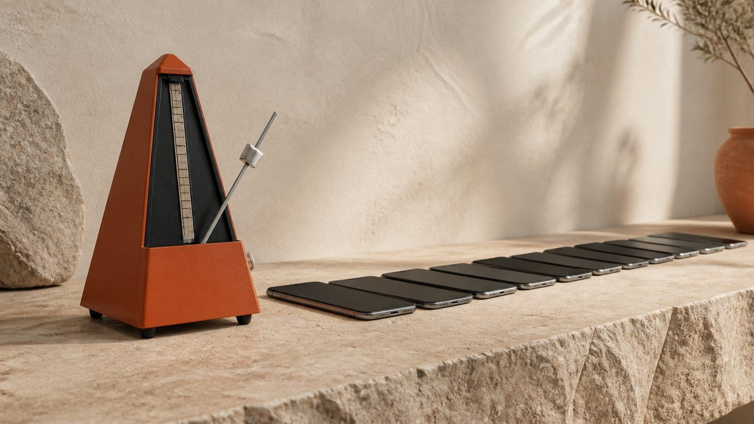 A burnt-orange metronome on a stone surface beside a row of evenly spaced blank phones