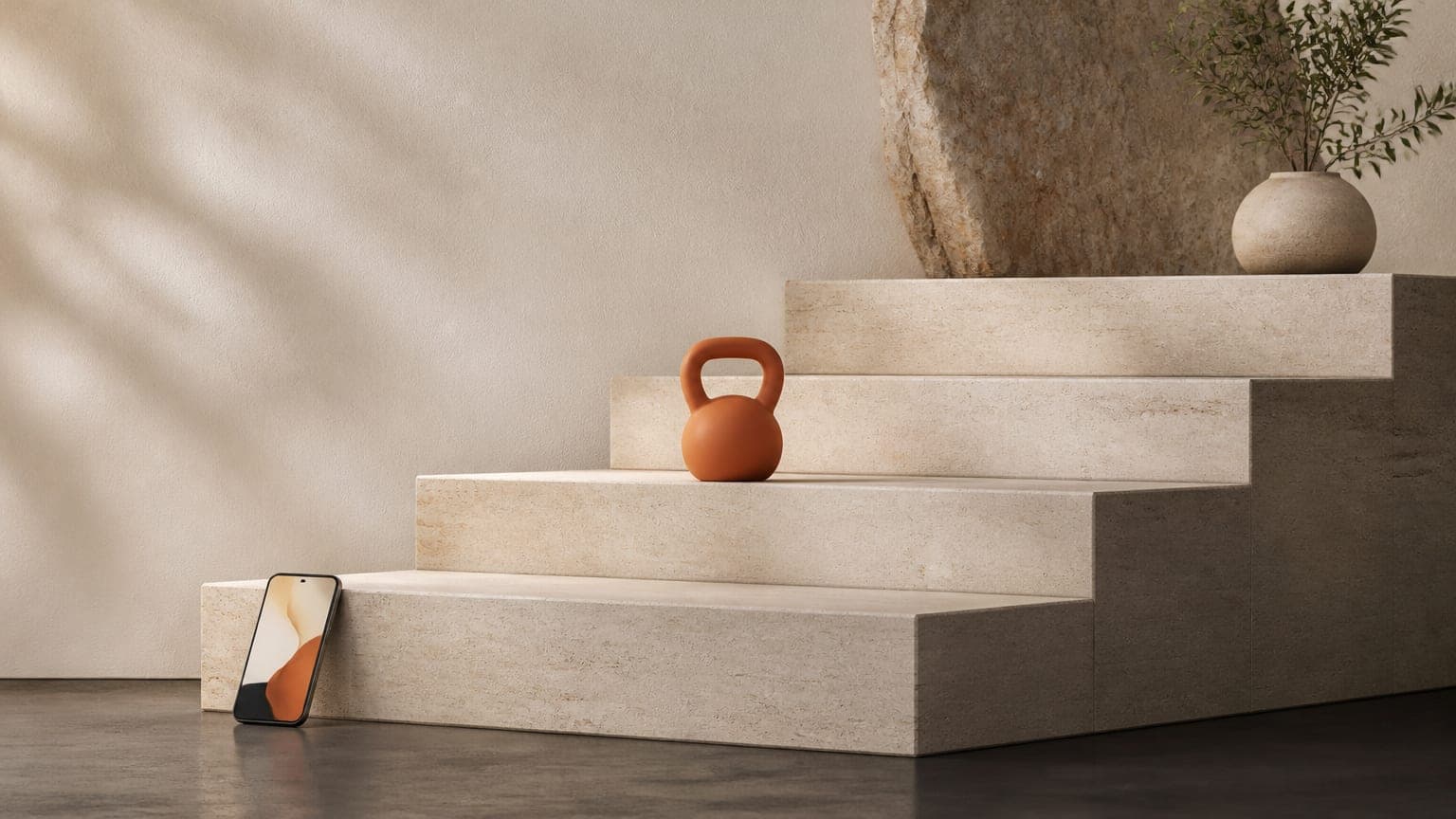 A row of shallow stone steps rising gently, with a small orange kettlebell resting on the third step