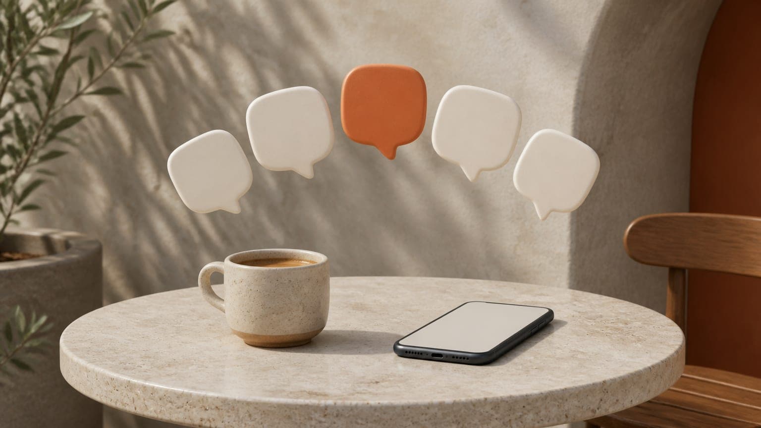 A small coffee cup on a stone café table beside a blank phone, with abstract speech-bubble tiles floating above