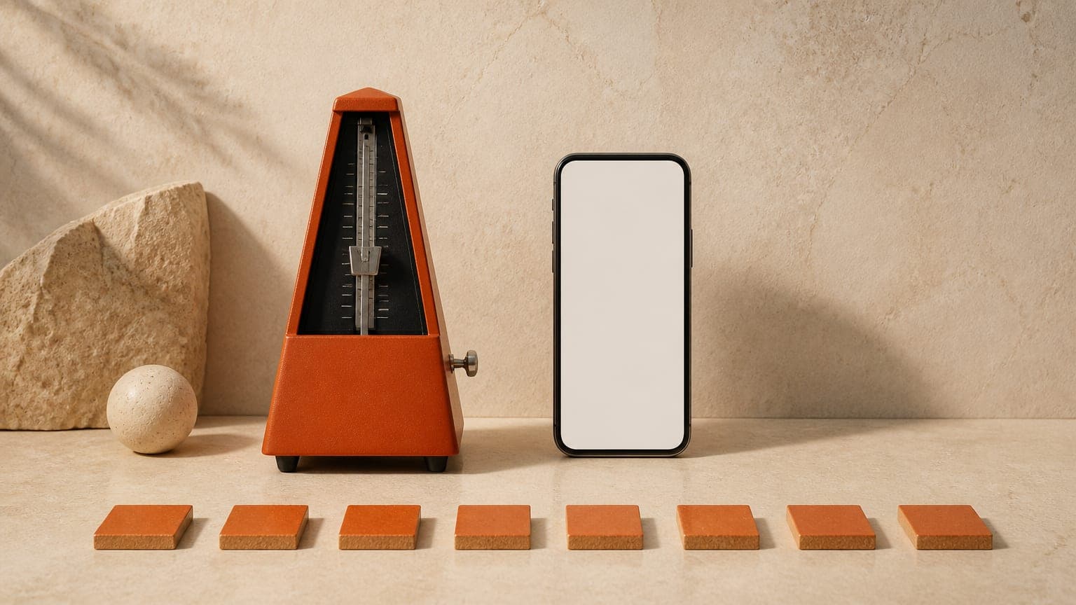 A burnt-orange metronome beside an upright phone with a blank screen, with a row of small tiles marking a steady beat