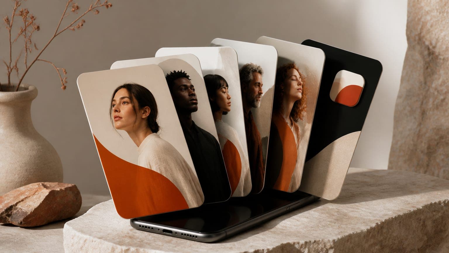 A fanned stack of portrait carousel slides rising from a phone, the last slide holding an app icon