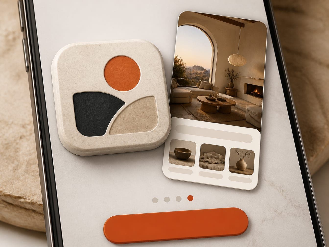 A final carousel slide on a phone with a large app icon, a screenshot and a button