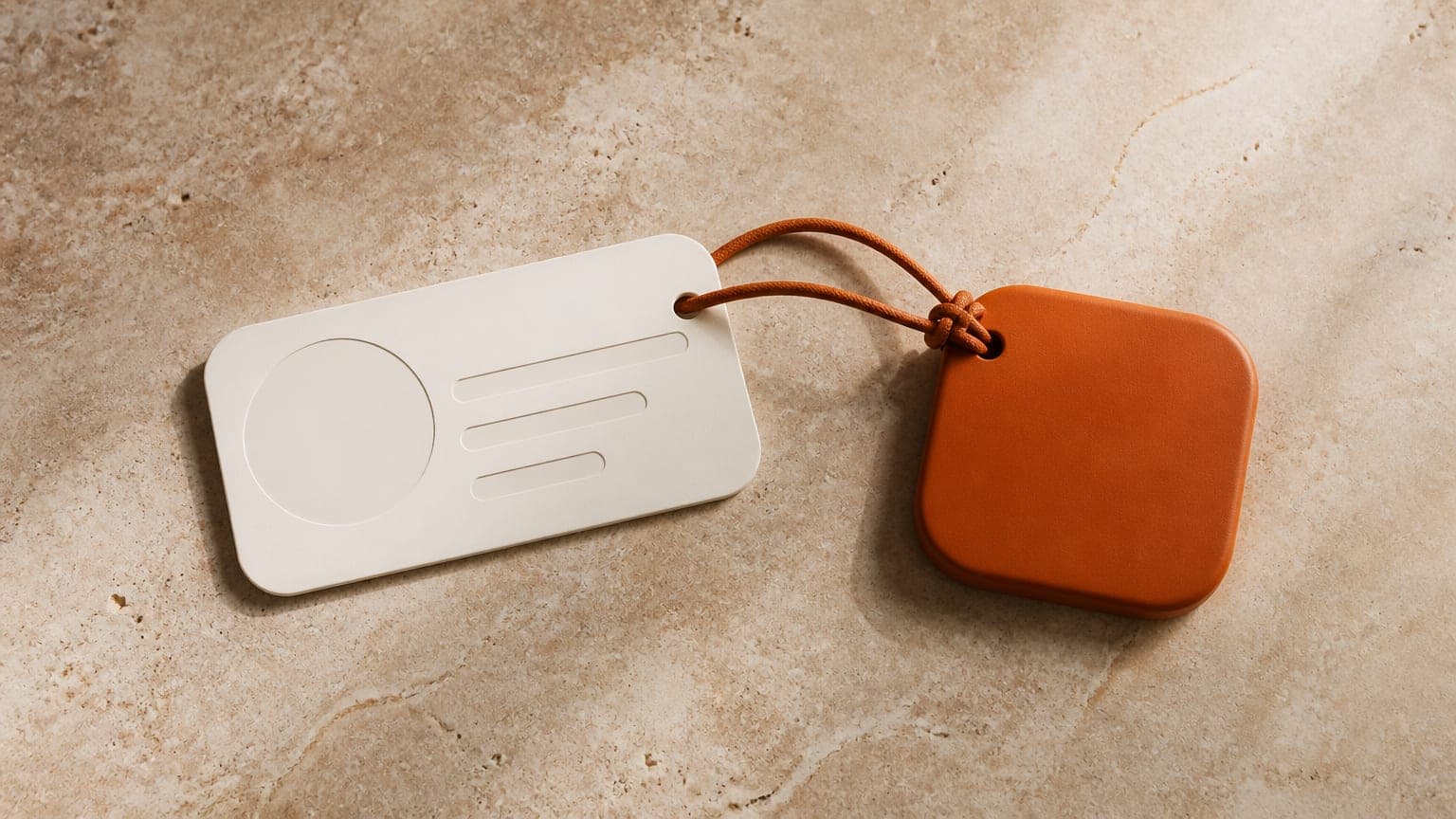 A small profile card tied by a single orange cord to a rounded app icon tile, like a luggage tag