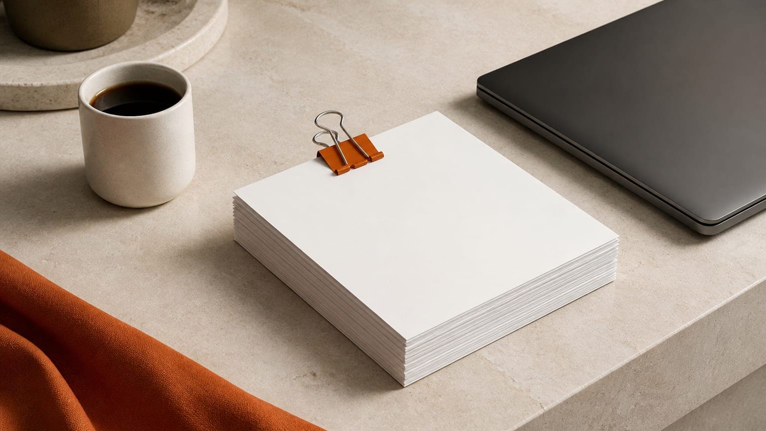 A neat stack of square pages held by a burnt-orange binder clip on a stone desk beside a closed laptop