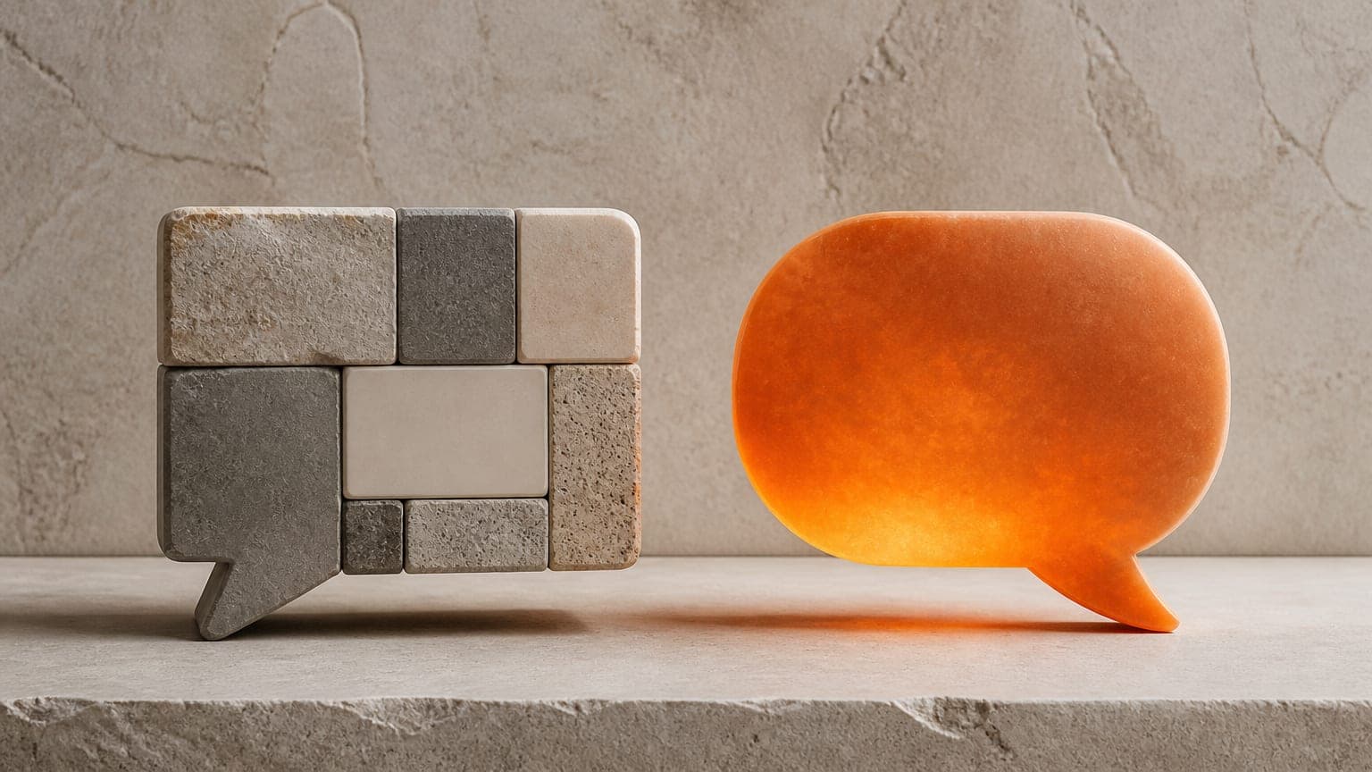 Two speech bubbles: a rigid one built from mismatched blocks and a smooth, rounded orange one