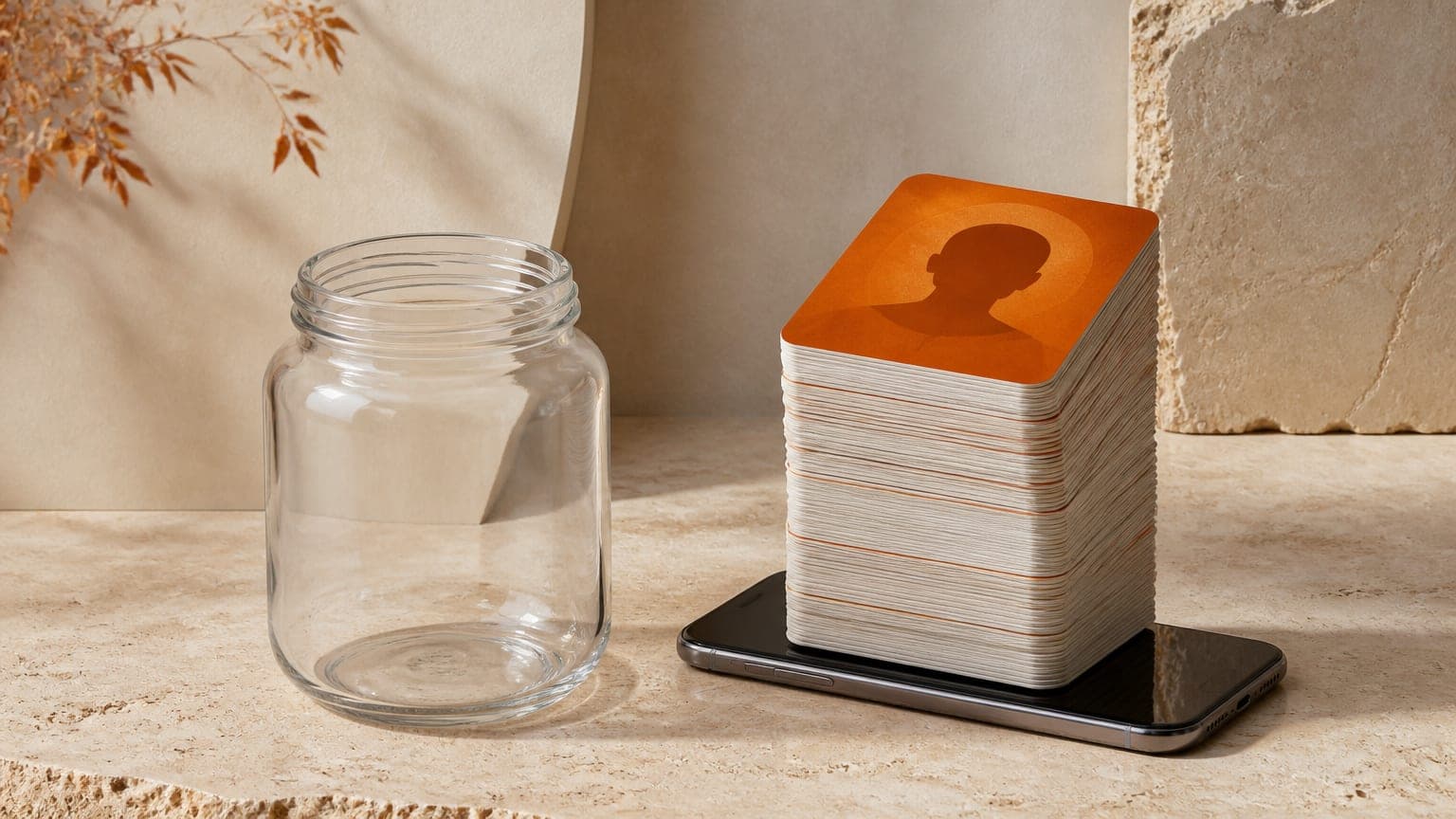 An empty glass coin jar beside a tall, neat stack of portrait cards rising from a phone
