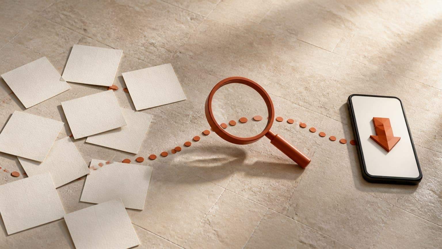 A burnt-orange magnifying glass hovering over a dotted path that runs from a scatter of blank post cards to a phone