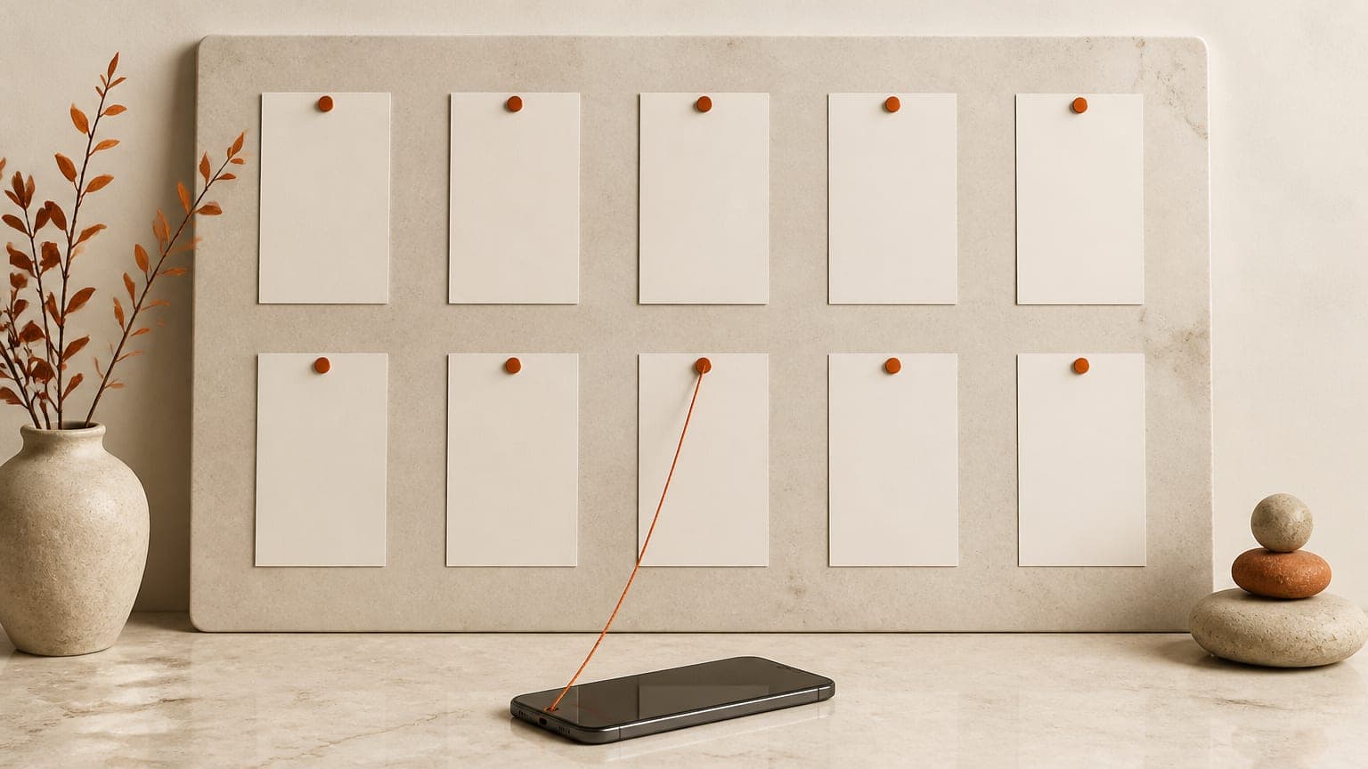A stone board of tall blank cards held with burnt-orange pushpins, one card linked by a thread to a phone