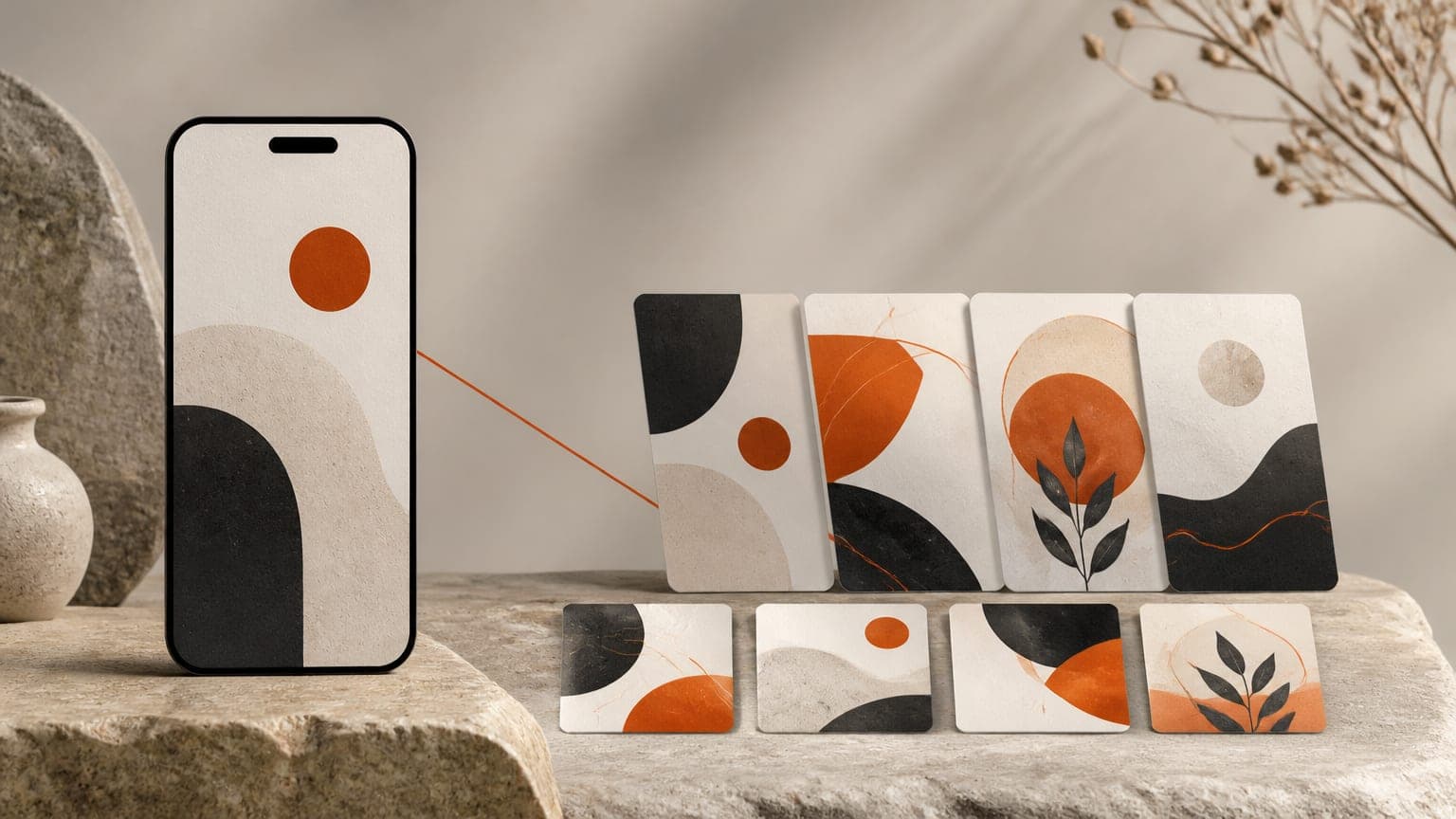 A tall portrait card cut by a thin orange line into smaller square and portrait cards fanned across a stone table