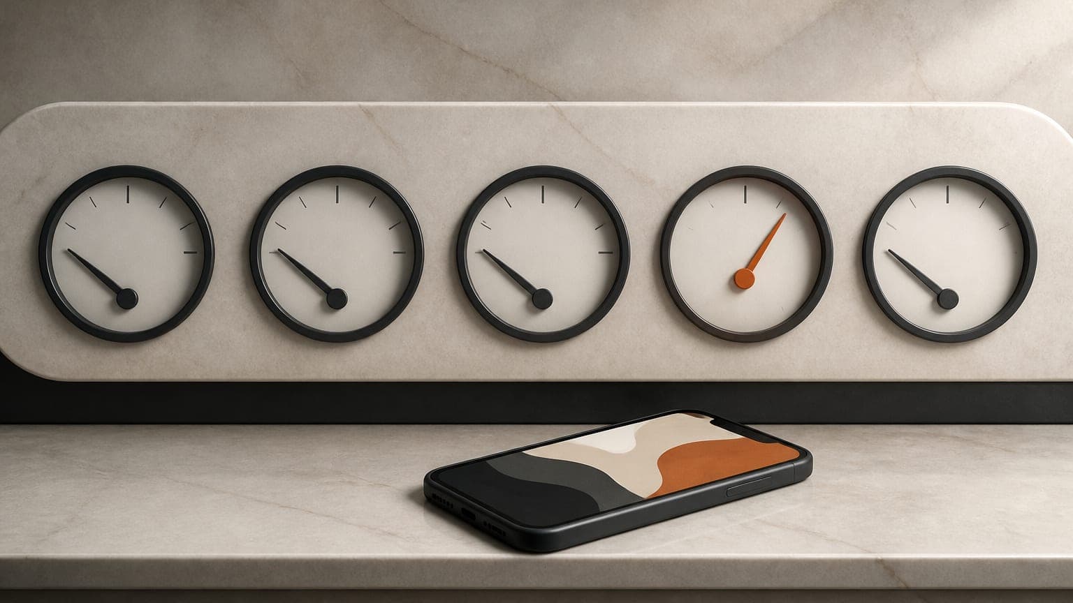 A row of round analog gauges on a stone panel, one with a burnt-orange needle
