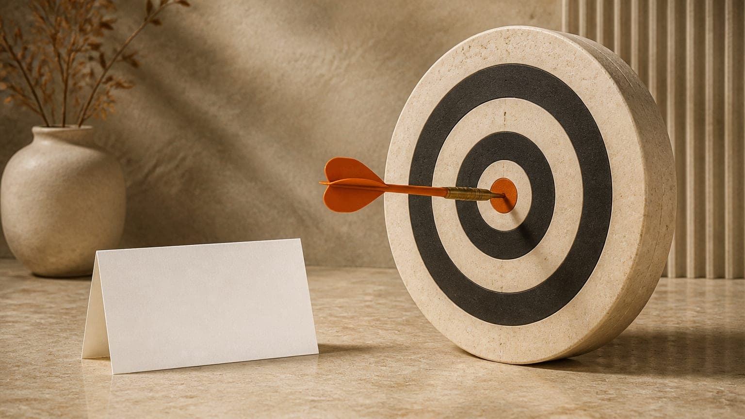 A burnt-orange dart in the center ring of a smooth stone target, with a blank index card beside it