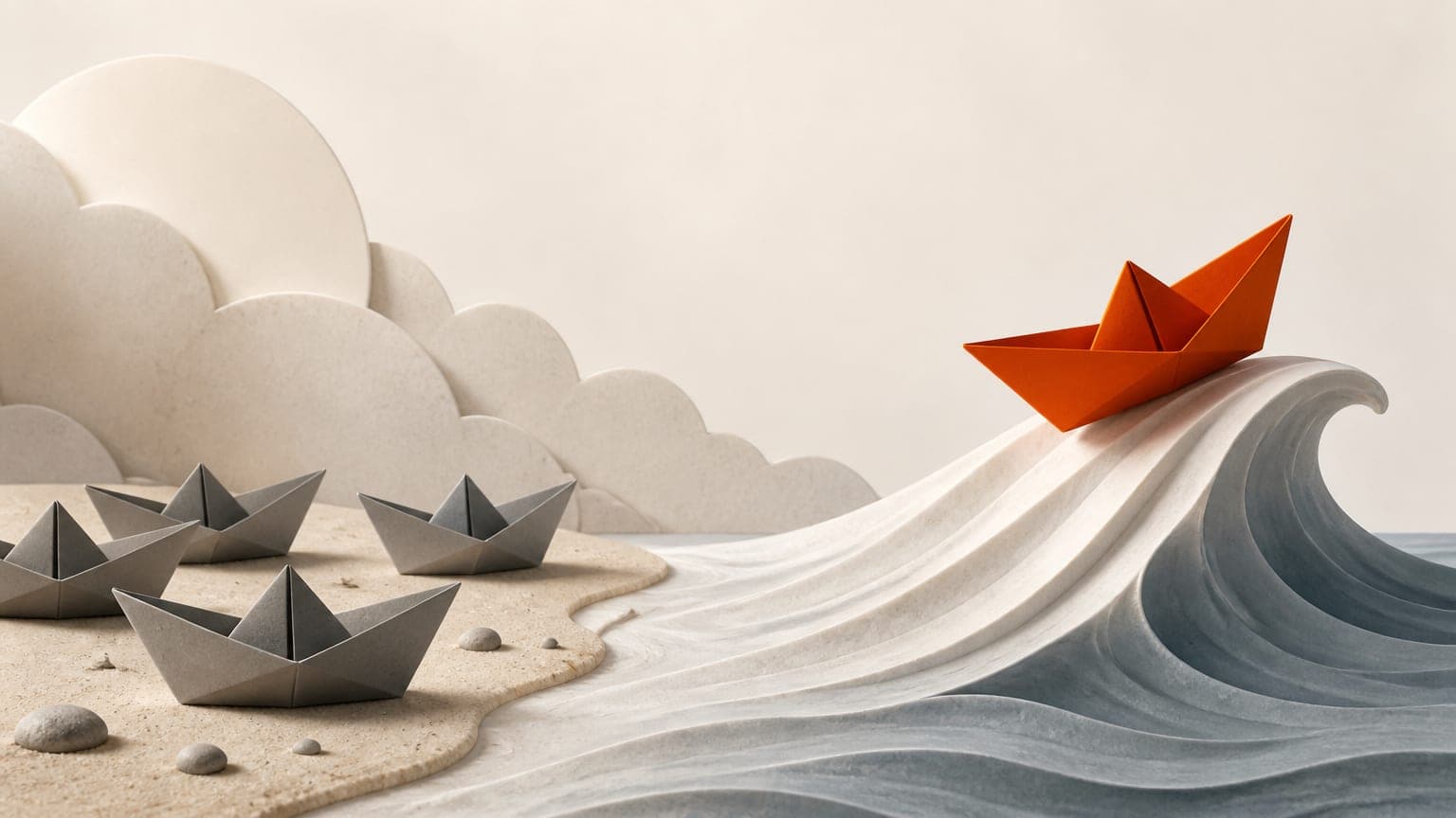 A burnt-orange paper boat riding a gentle wave while grey paper boats sit stranded on the sand behind it