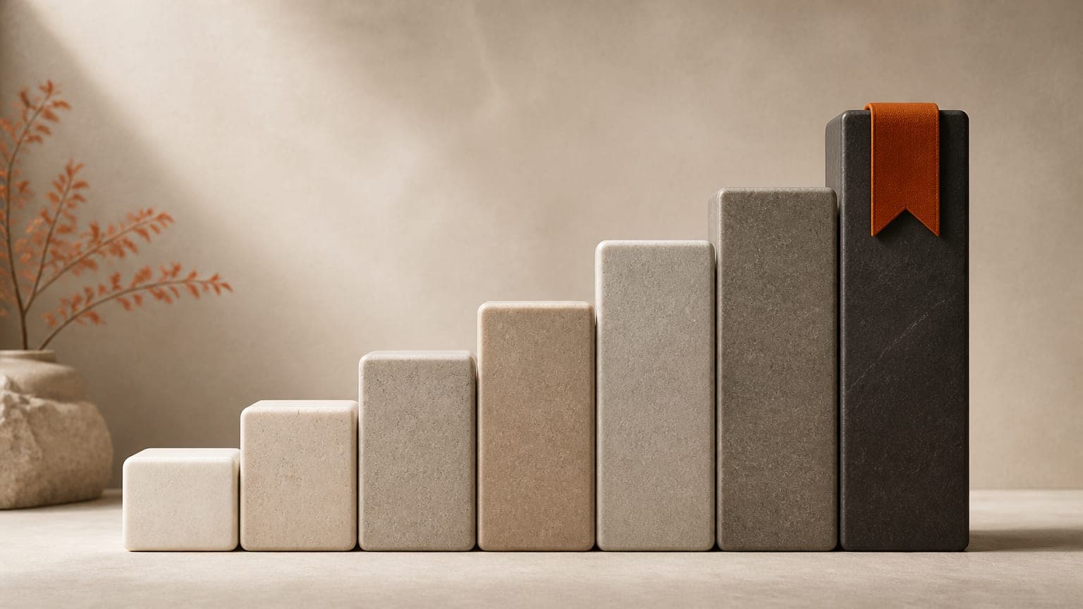 A row of stone blocks rising like stairs, the top step holding a burnt-orange bookmark ribbon