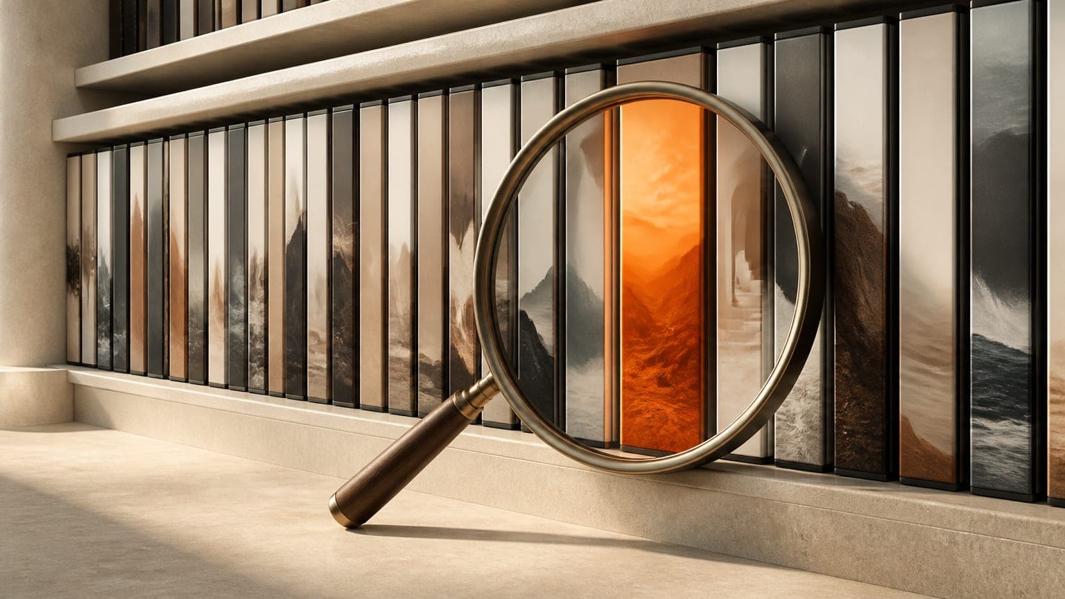 A magnifying glass leaning against a library shelf of upright vertical video tiles, one tile glowing orange